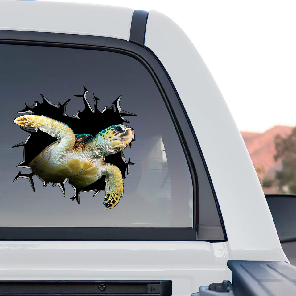 Glossy ocean turtle vinyl graphic applied cleanly to the rear window of a truck.