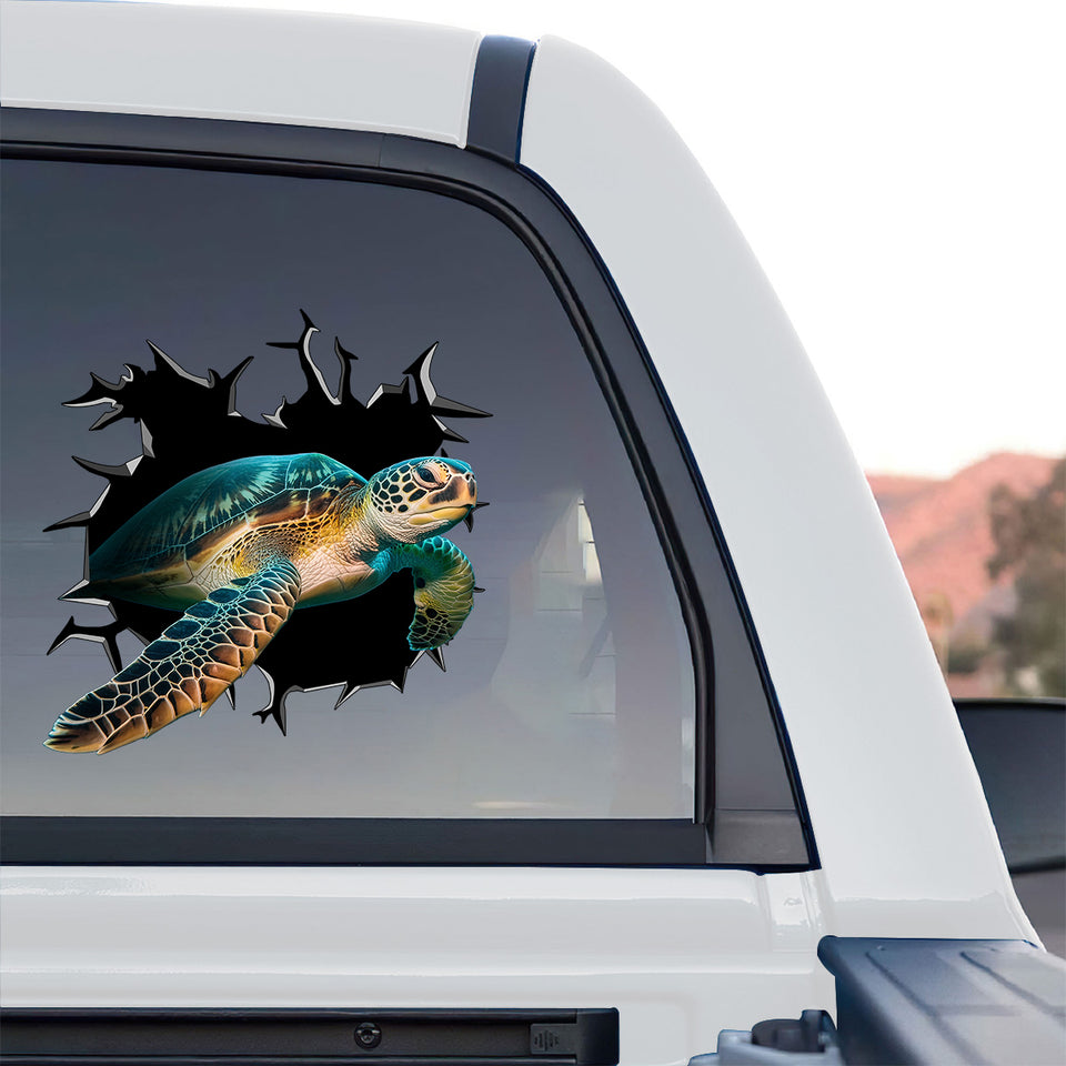 Detailed Sea Turtle Vinyl sticker displayed proudly on the back window of a truck.