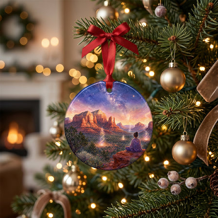 Desert keepsake displayed across a rustic table surrounded by evergreen sprigs and pinecones.
