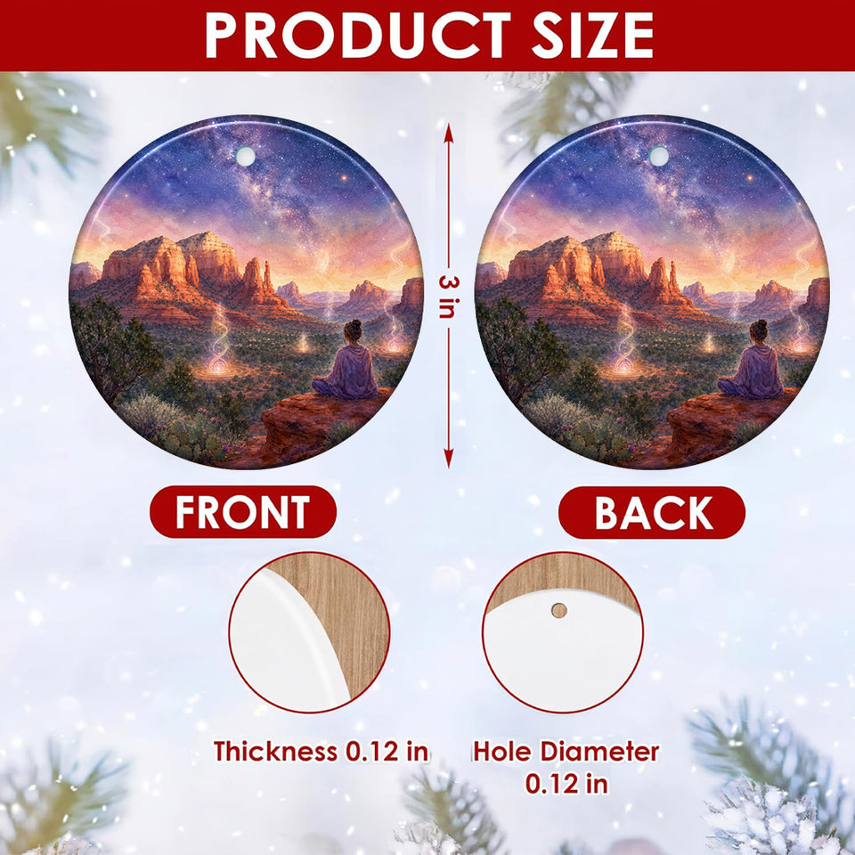 Product size chart showing the three-inch ceramic ornament dimensions and double-sided print.