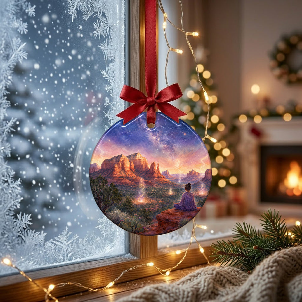Scenic desert holiday decoration suspended before a bright winter window with soft daylight.