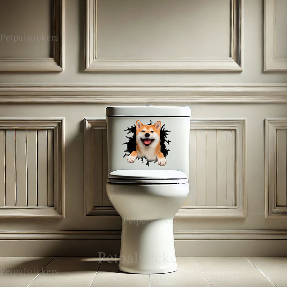 Playful Shiba Inu clear vinyl sticker applied to the smooth lid of a white bathroom toilet.