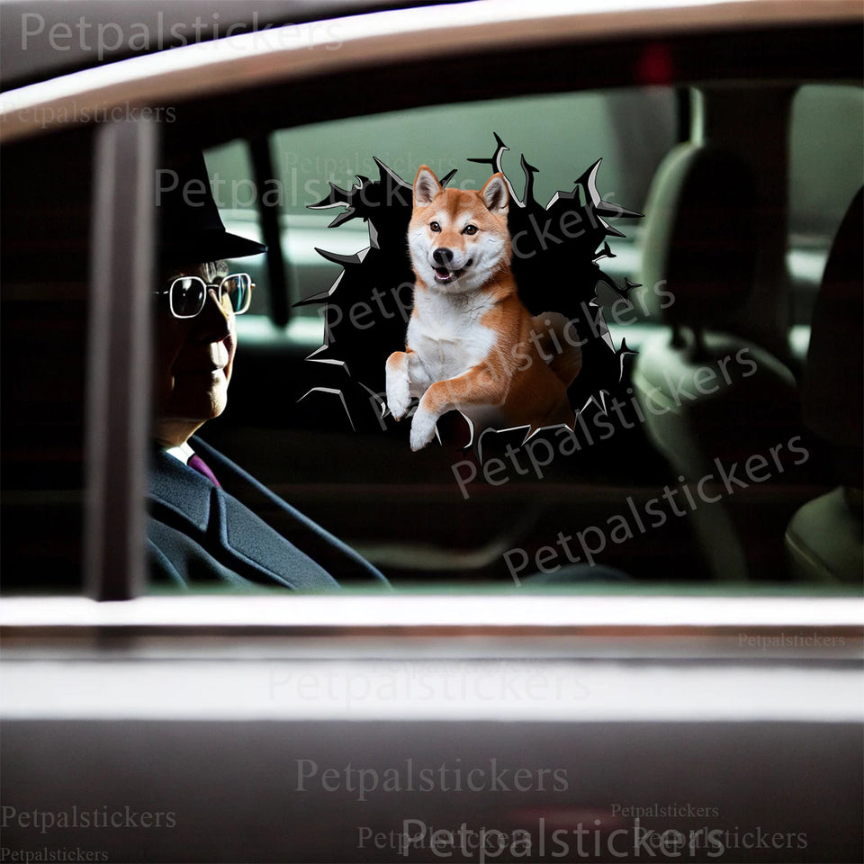 Realistic 3D Shiba Inu broken glass sticker applied on a smooth white car door.