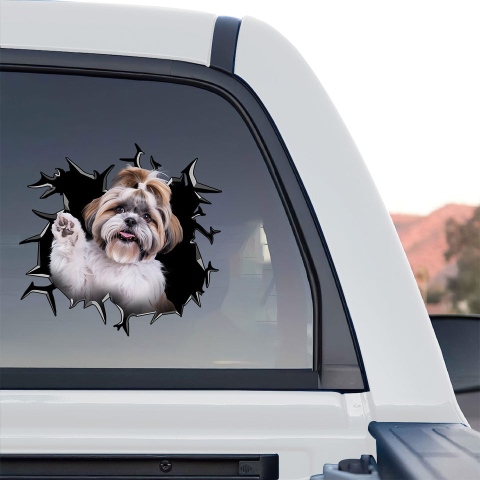 Vibrant Shih Tzu window sticker displayed clearly on the back glass of a truck.