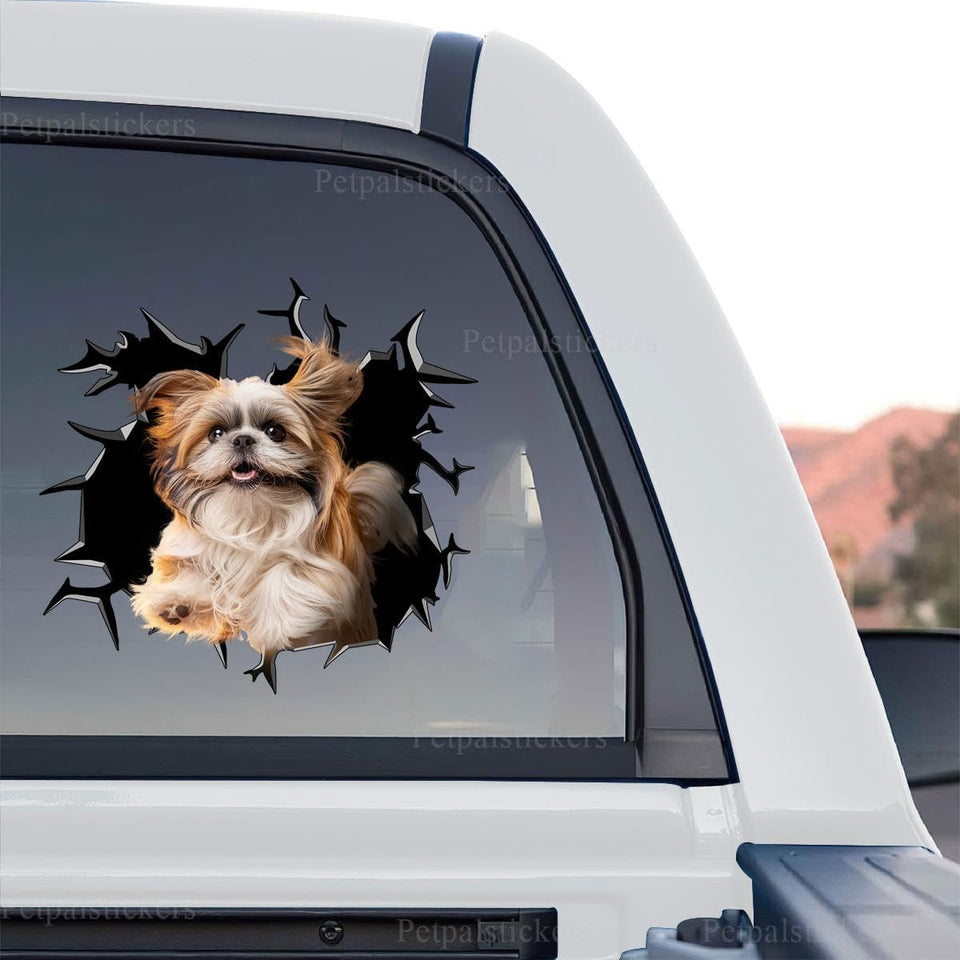 A realistic 3D cracked glass Shih Tzu graphic shown as a standalone product design on transparent film.