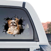 A realistic 3D cracked glass Shih Tzu graphic shown as a standalone product design on transparent film.