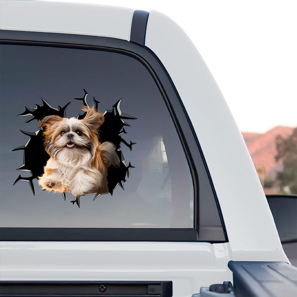 Funny broken glass puppy sticker decorating the rear window of a truck outdoors.
