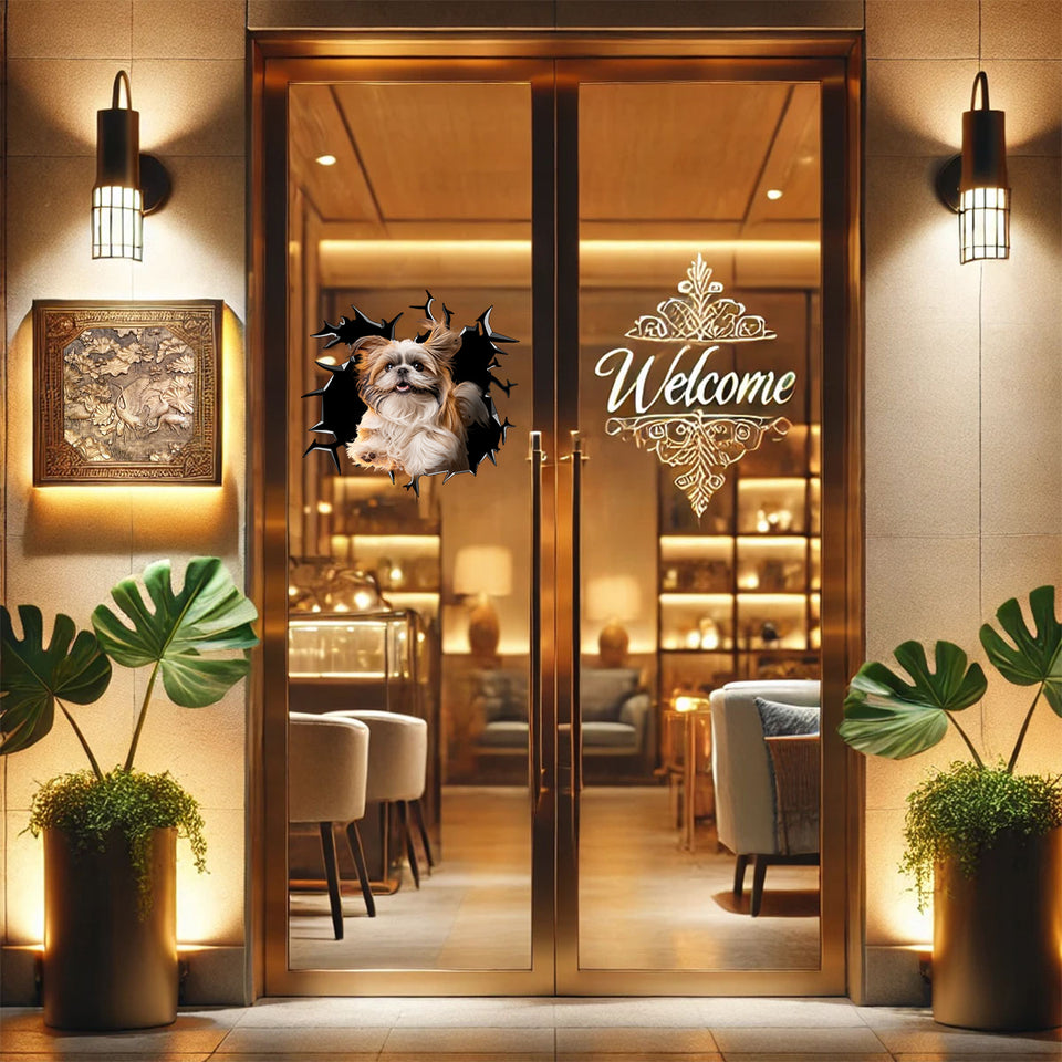 Vibrant dog decal placed on a smooth wooden bedroom door for a playful home accent.
