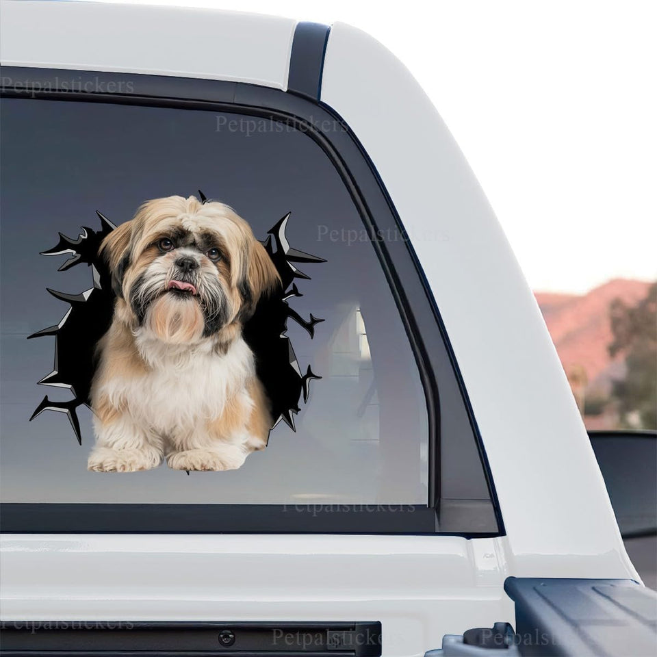 Detailed standalone product design of the Shih Tzu Wall Dogs decal with cracked glass effect.