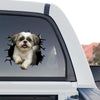 Funny Shihtzu vinyl sticker displayed on the rear exterior window of a truck.
