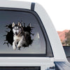 Detailed standalone product design showing a realistic Siberian Husky graphic with broken glass effect.