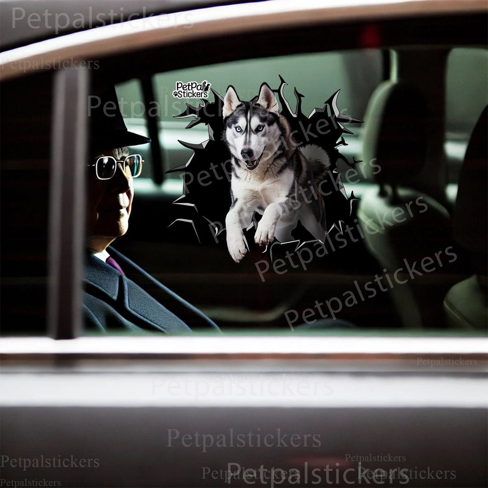 Vibrant Siberian Husky sticker displayed smoothly on a white car door exterior.