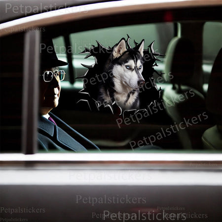 Playful Siberian Husky sticker applied on the glossy lid of a modern toilet.