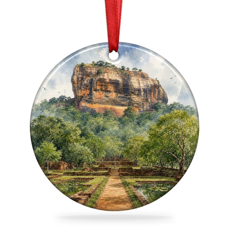 Sigiriya ceramic Christmas ornament centered against a plain white background with its attached hanging ribbon.