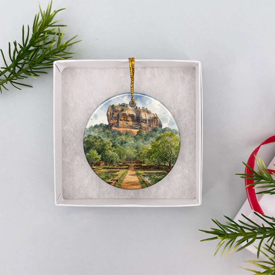 Travel holiday keepsake ornament nestled inside an open white gift box ready for holiday gifting.