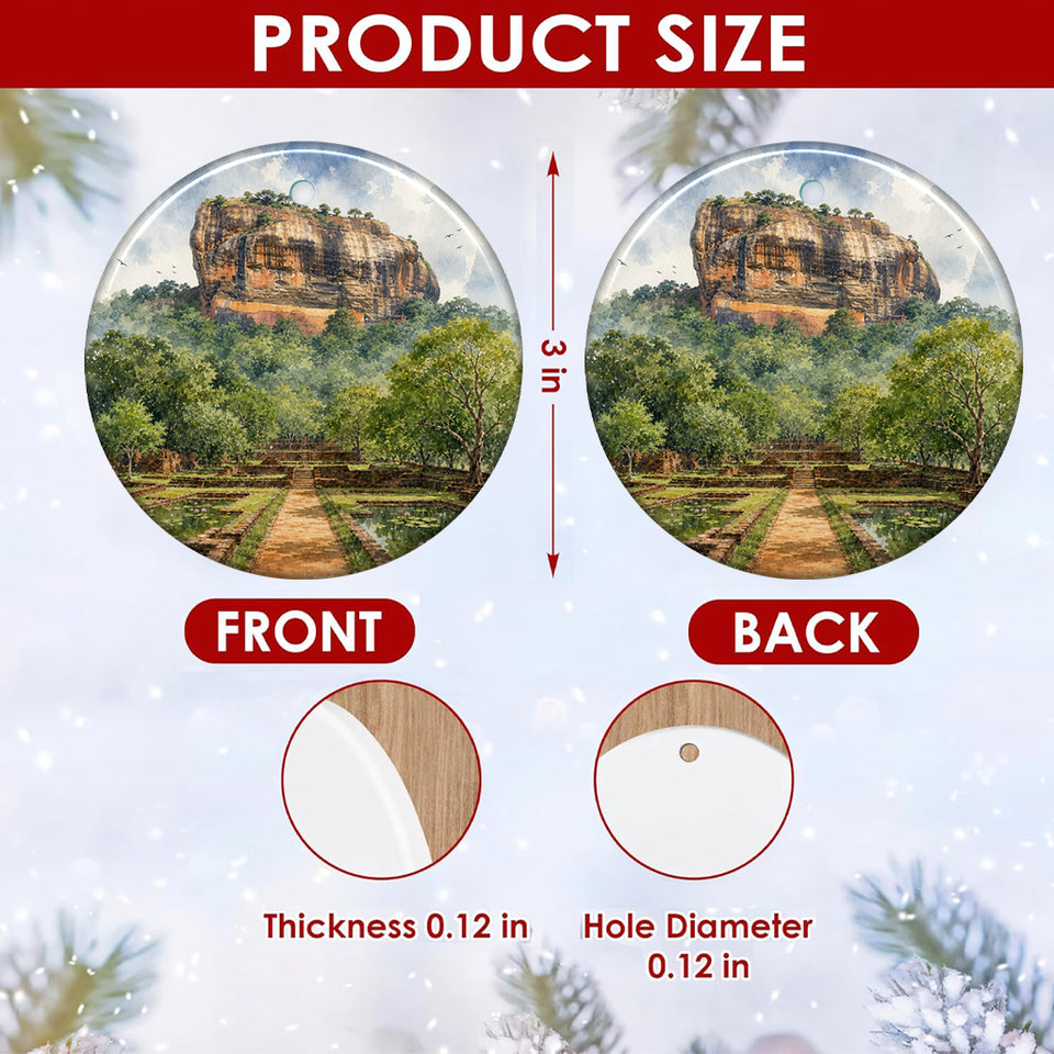 Ornament size chart graphic highlighting the 3-inch ceramic diameter and double-sided artwork.