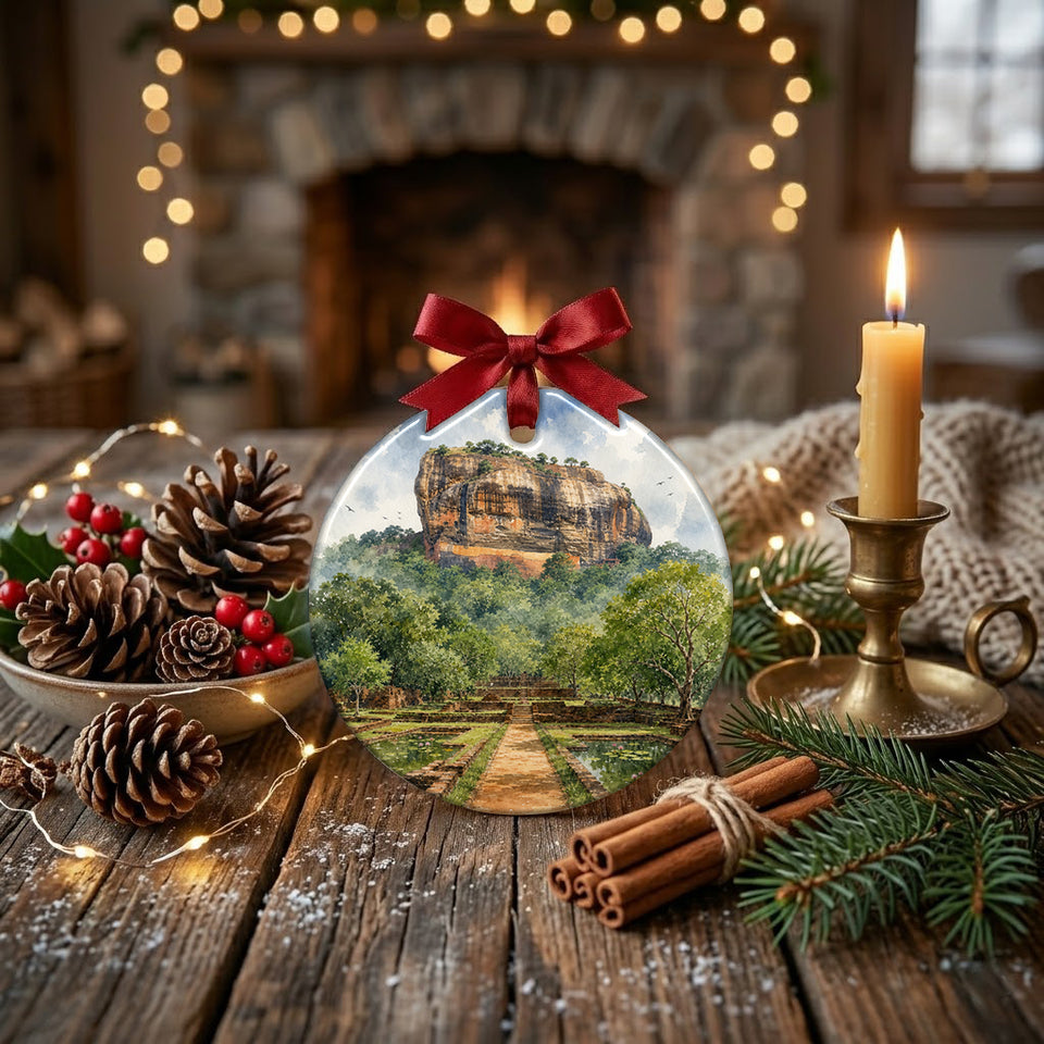 Festive tabletop arrangement featuring the Sigiriya ornament beside a pinecone and lit candle.