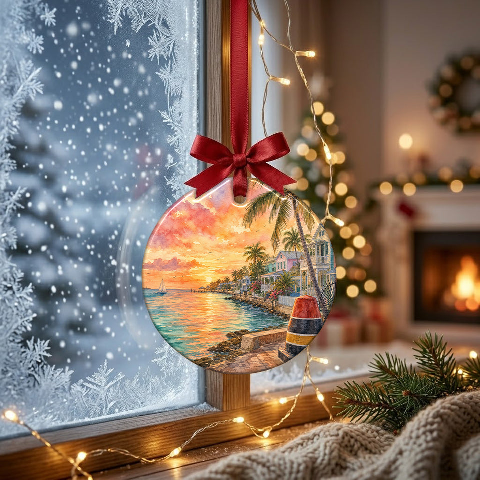 Round travel ornament hanging near a frosty winter window in soft natural morning daylight.