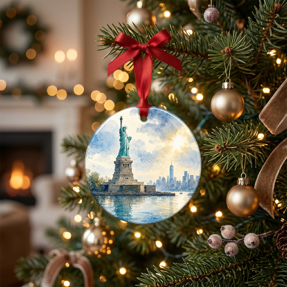 Statue of Liberty Christmas ornament hanging on a pine tree branch beside glowing holiday lights.