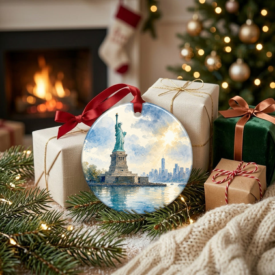 Ceramic New York keepsake placed near wrapped holiday gifts by a cozy evening fireplace.