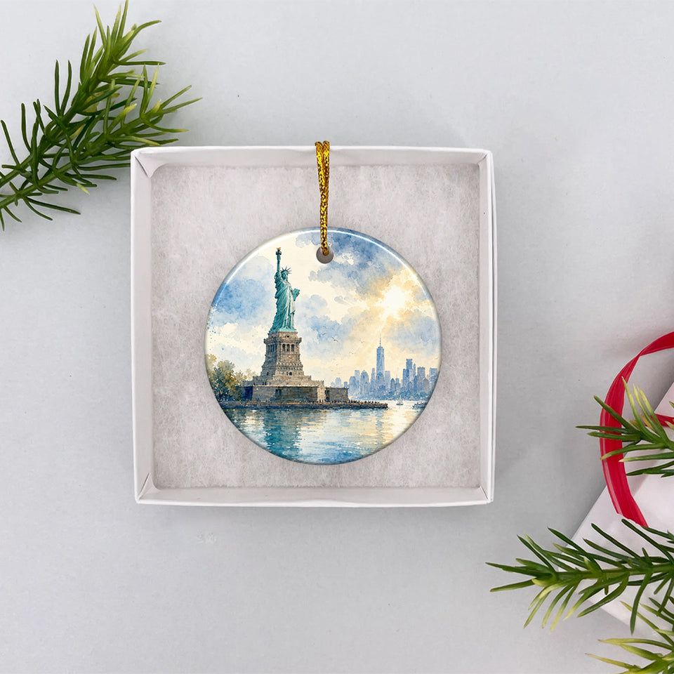 Lady Liberty Christmas ornament resting inside an open gift box prepared for festive giving.
