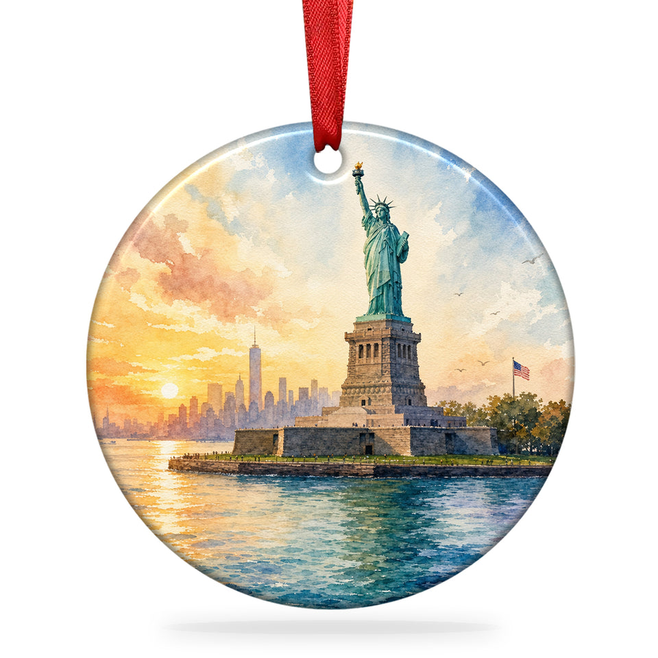 Statue of Liberty souvenir ornament shown on a clean white background with hanging ribbon.