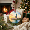 Ceramic travel keepsake styled near wrapped holiday gifts and a warm living room fireplace.