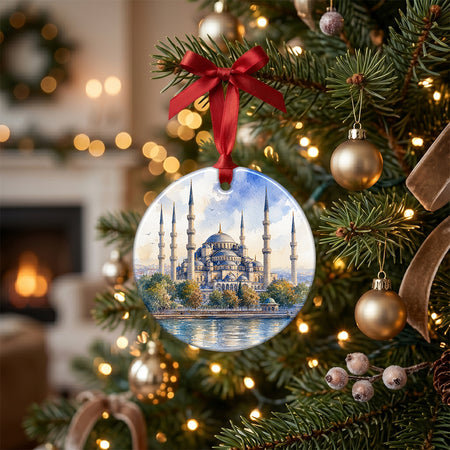 Detailed Istanbul artwork ornament arranged on a festive rustic table with pinecones and a candle.