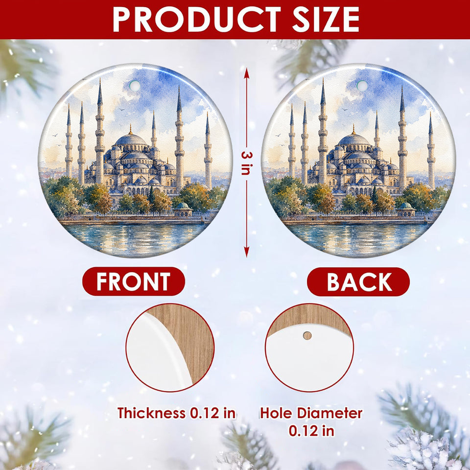 Product size chart illustrating the 3-inch diameter and double-sided print of the ceramic ornament.