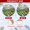 Detailed size chart showing the 3-inch round ceramic dimensions and double-sided artwork.