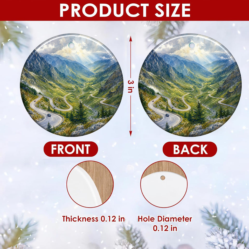 Product size chart diagram displaying the 3-inch round ceramic ornament dimensions and double-sided print.