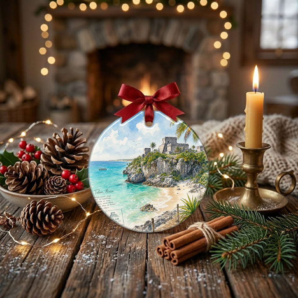 Tropical Maya ruins holiday keepsake styled on a holiday table alongside natural pinecone accents.