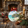 Tropical Maya ruins holiday keepsake styled on a holiday table alongside natural pinecone accents.
