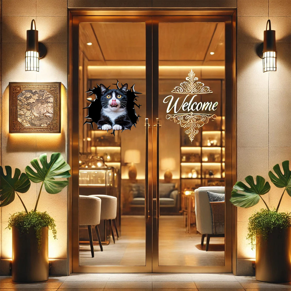 Detailed Tuxedo Cat graphic applied smoothly to a painted home entryway door.