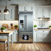 Charming Tuxedo Cat vinyl sticker decorating the glossy white front panel of a refrigerator.
