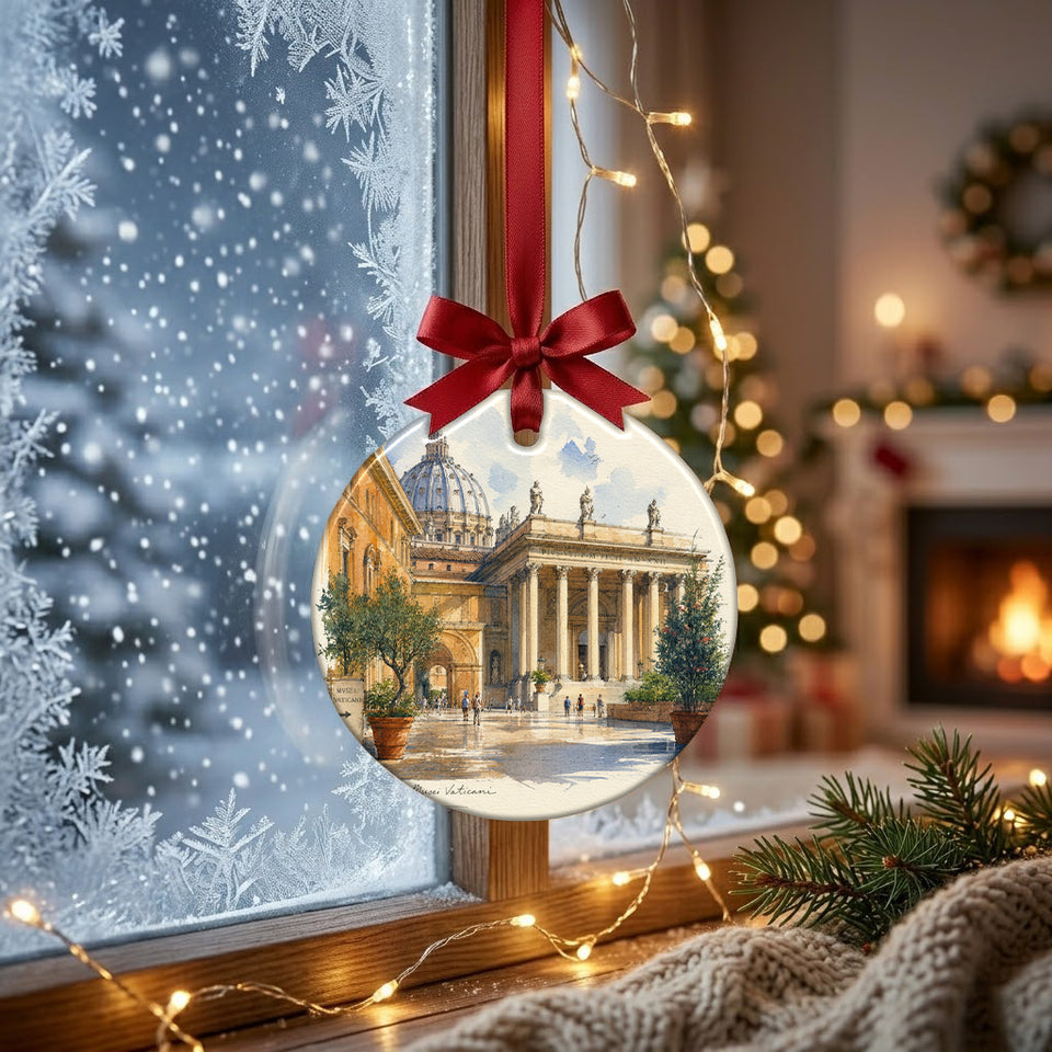Architectural holiday decoration suspended in front of a frosty winter window in soft daylight.