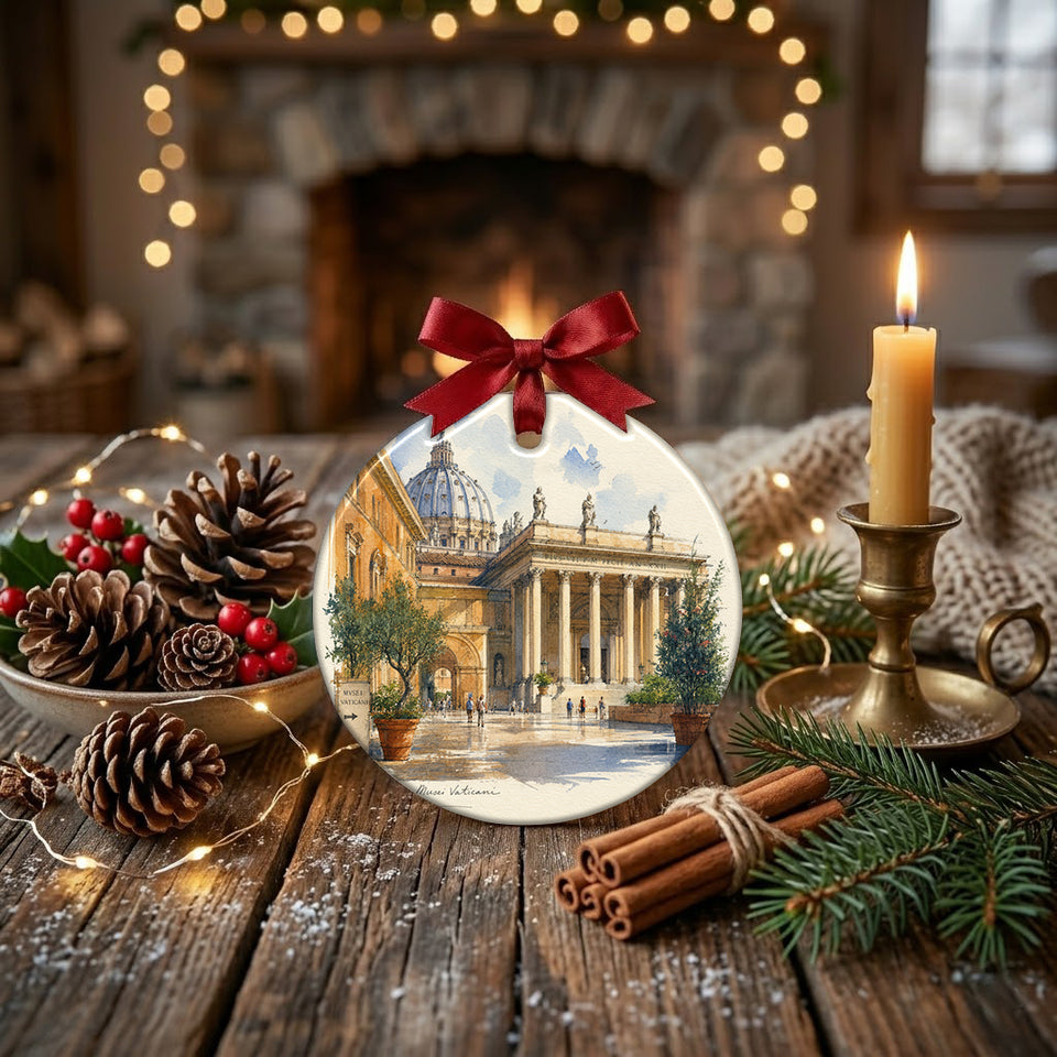 Festive holiday keepsake arranged on a table surrounded by pinecone accents and a warm candle.