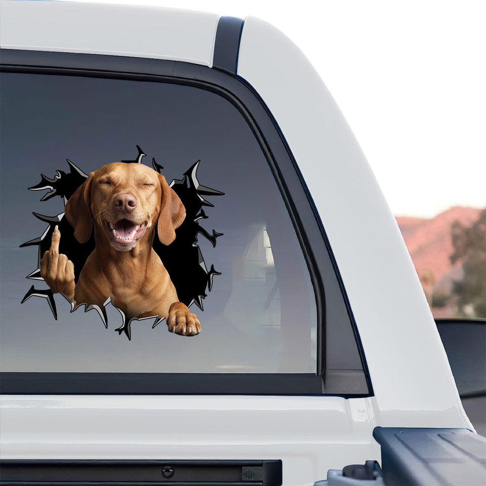 Funny Vizsla dog decal applied onto the rear window of a truck.