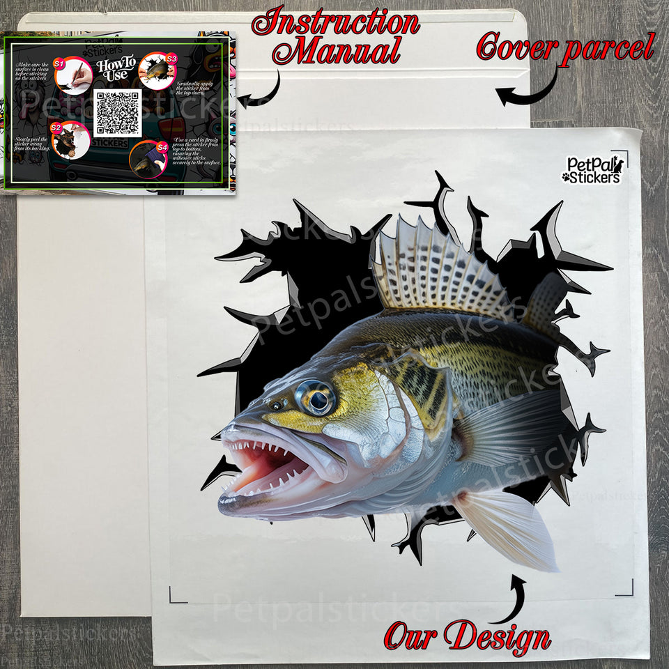 Unopened package containing the Walleye Fishing vinyl decal with instructions.