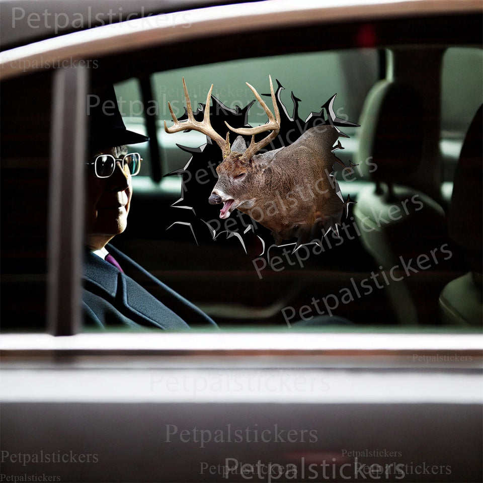 Vibrant Whitetail Deer vinyl sticker placed cleanly across a car door panel on an outdoor vehicle.