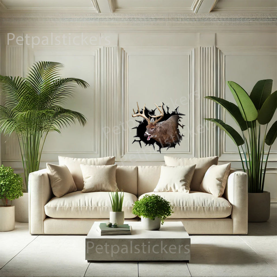 Glossy Whitetail Deer graphic mounted on a smooth interior wall surface as rustic home accent decor.