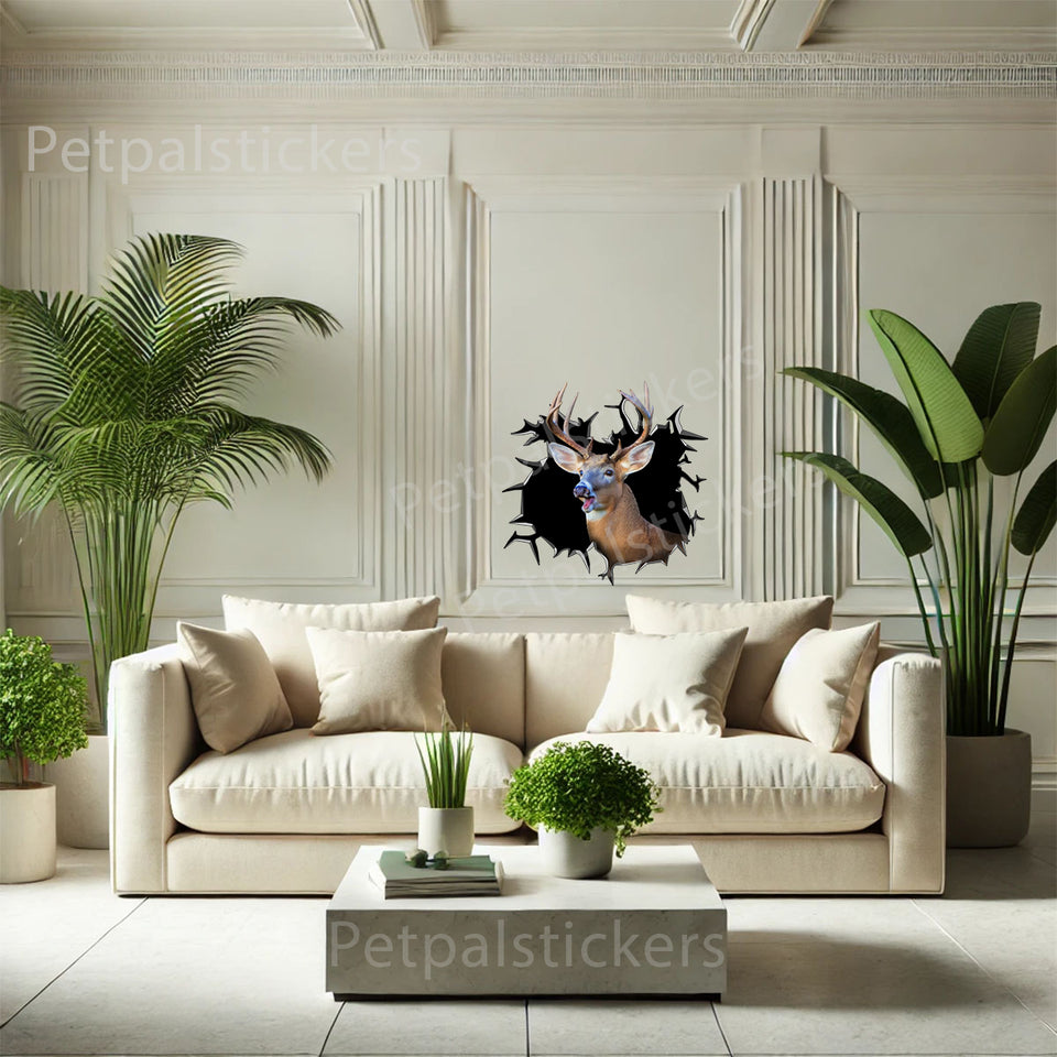 Detailed Whitetail Deer clear film sticker decorating a smooth indoor room wall.