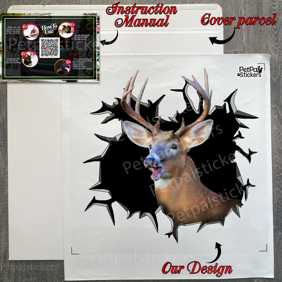 Protective packaging displaying the Whitetail Deer decal with application instructions included in the package.