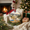 Festive keepsake displayed next to wrapped holiday gifts beside a warm, glowing fireplace.