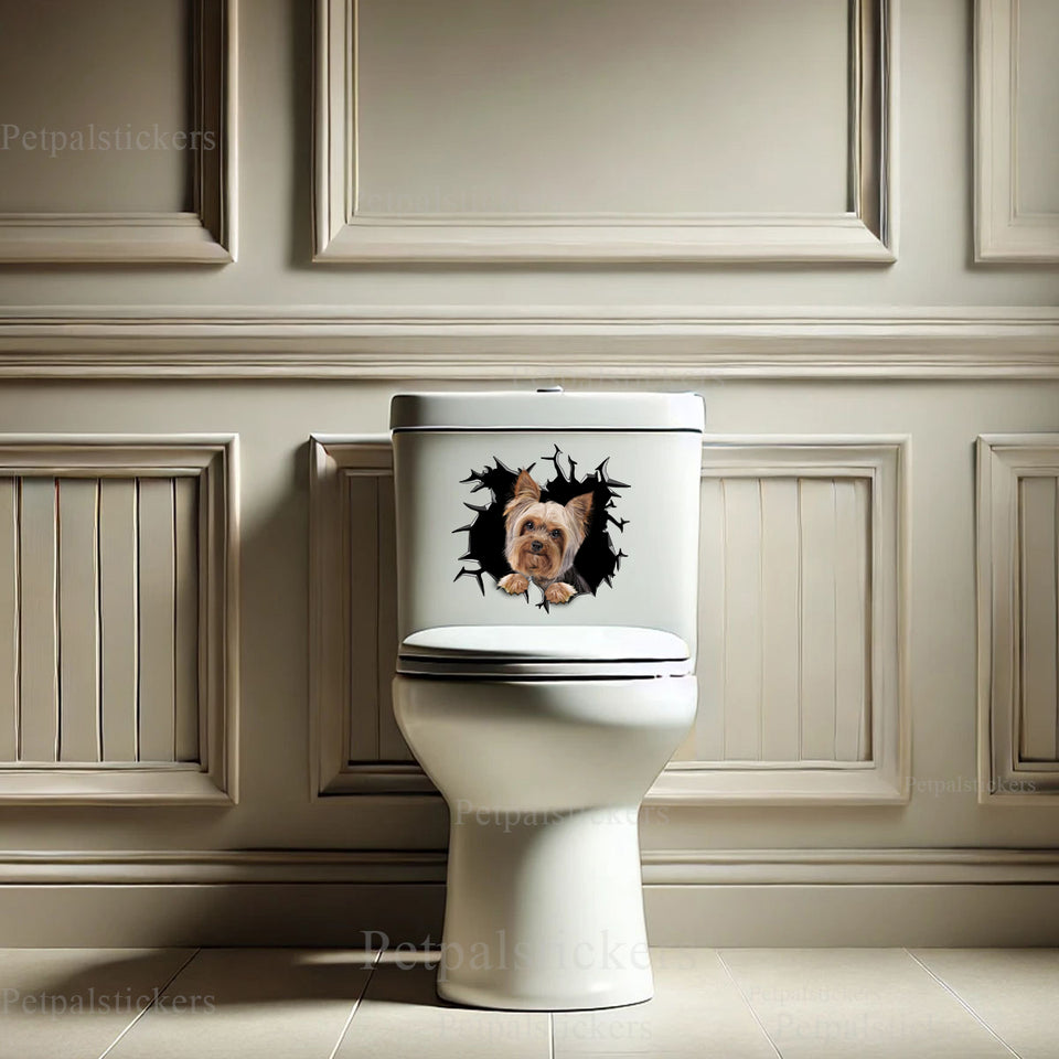 Playful Yorkie  For graphic decal placed on the clean porcelain lid of a bathroom toilet.