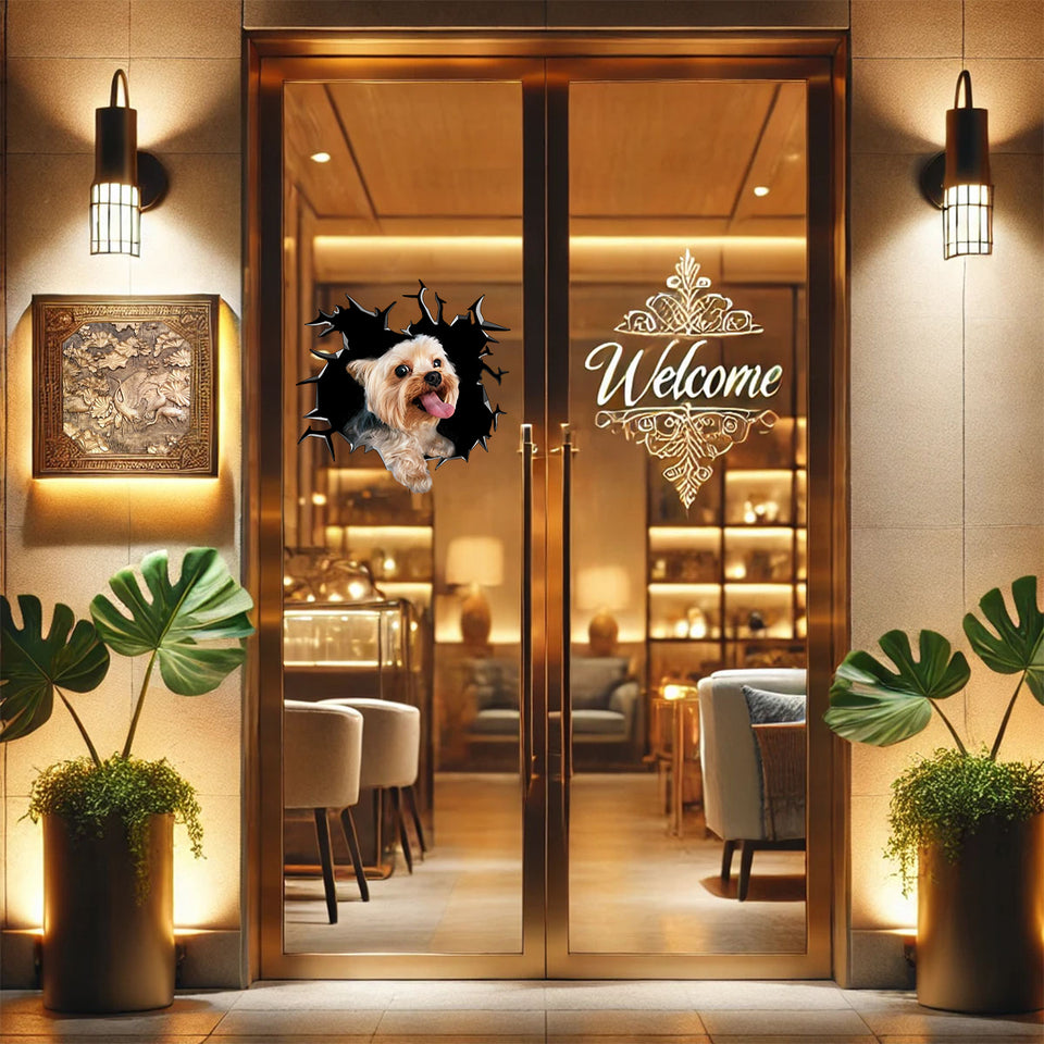 Detailed artistic Yorkie  For decal attached securely to a painted glass front door.