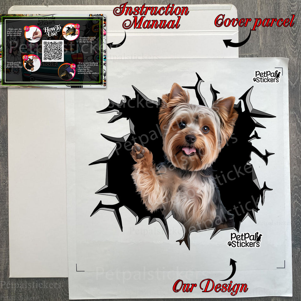Protective product package containing the Yorkshire Terrier decal with included application instructions.