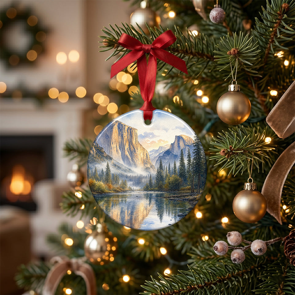 Ceramic holiday keepsake featuring El Capitan hanging on a warm pine Christmas tree branch.