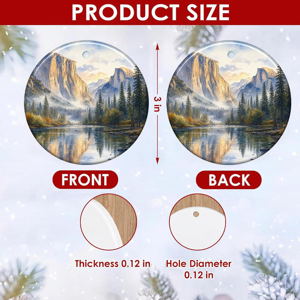 Product size chart diagram displaying three-inch dimensions and two-sided print for the ornament.