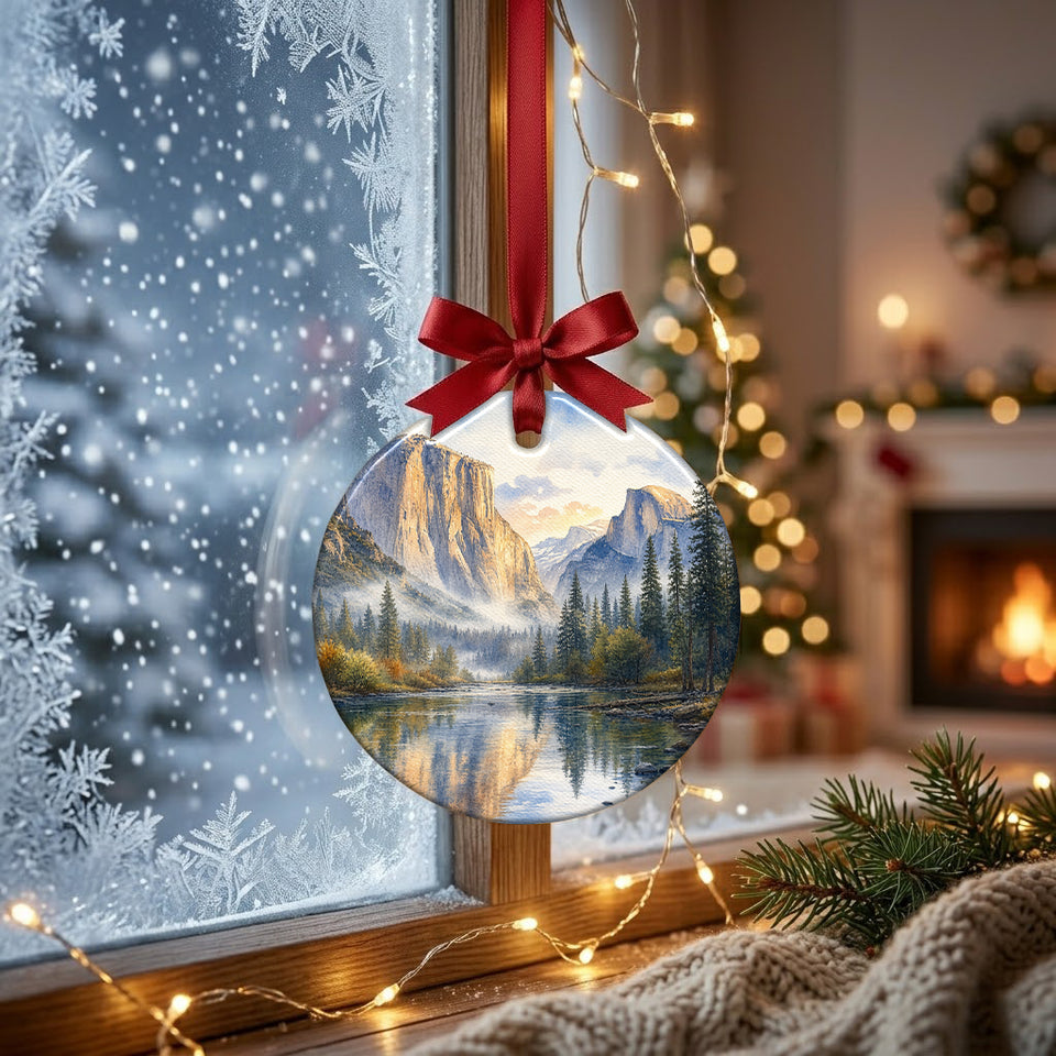 Festive California landmark ornament hanging by a frosty winter window in natural daylight.